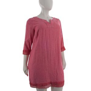 Talbots Woman 16W Coral Pink  Linen Blend Shift Dress Lace Trim Boho Relaxed Fit